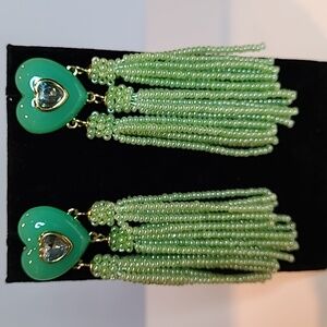 Elegant Green Heart Tassel Earrings